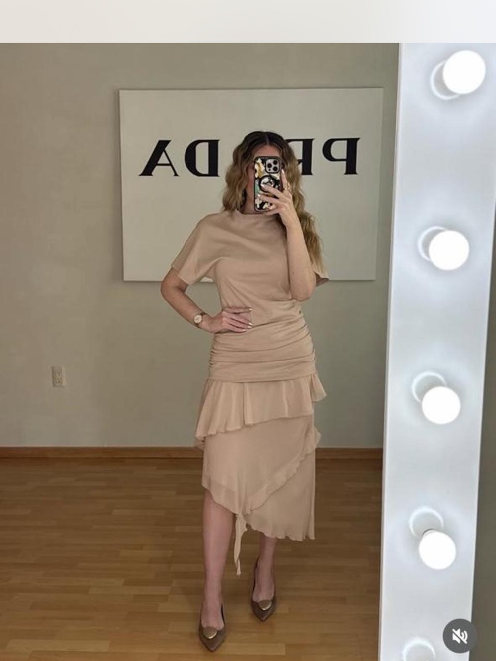 Zara Beige Ruched Tiered High-Low Midi Dress
